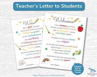 First and Last Day of School Teacher Letter to Students Printable PDF / Welcome Back to School Greeting / Teacher Resource