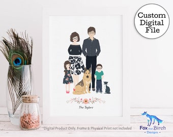 Custom Family Portrait / Gift / With Pets and Kids / Digital Personalized Printable Illustration