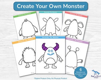 Create Your Own Monster Coloring Page Templates / Printable Drawing & Design Activity PDF / Preschool, Kindergarten / Party Sheets