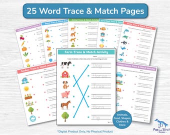 Werkbladen overtrekken en afdrukken van woorden in combinatie met een afbeeldingsspel / 25 pagina's vroege basisschoolleeftijd 1-2 afdrukbaar / schrijven voor thuisonderwijs