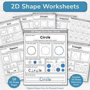 Peut inclure: Ensemble de 16 fiches d'exercices imprimables sur les formes 2D à des fins éducatives. Les fiches d'exercices comprennent des exercices sur les formes telles que les cercles, les carrés et les triangles, avec des instructions pour colorier, tracer et compter les formes. Comprend un tableau de référence des formes 2D.