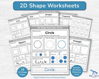 2D Shape Exercise Worksheets for Kindergarten & First Grade | Printable Math Activities | Count, Trace, Draw, Write | Shape Recognition