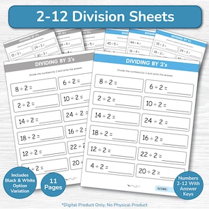 Op de afbeelding: Een set van 2-12 deelbladen met wiskundige opgaven en lege regels voor antwoorden. De pagina's hebben blauwe kopteksten met het label Dividing by 2's. Ronde badges geven 11 pagina's, zwart-witopties en antwoordsleutels aan.