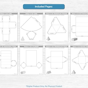 May include: Eight printable pages featuring black and white geometric nets for building 3D shapes including a cube, cone, triangular pyramid, rectangular prism, hexagonal prism, cylinder, triangular prism, and square pyramid with text labels.