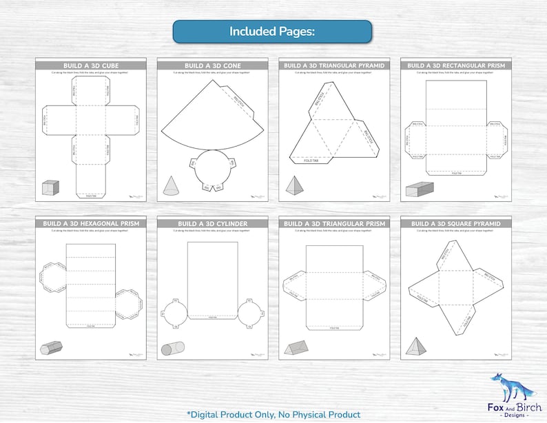 May include: Eight printable pages featuring black and white geometric nets for building 3D shapes including a cube, cone, triangular pyramid, rectangular prism, hexagonal prism, cylinder, triangular prism, and square pyramid with text labels.