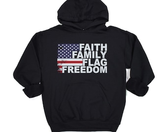 Patriottische hoodie, geloof familie vlag vrijheid, Amerikaanse vlag sweatshirt, Merica hoodie, religieuze hoodie, jeugd & volwassen maten, vlag hoodie