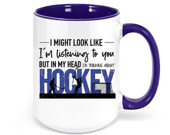 Tazza da caffè da hockey, regalo di hockey, pensando all'hockey, tazza da hockey su ghiaccio, regalo per lui, appassionato di sport, coppa di hockey, design sublicato, appassionato di hockey