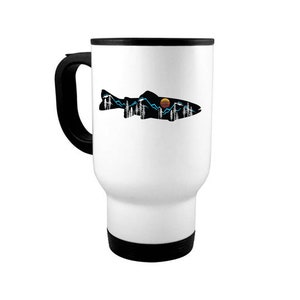 14oz Travel Mug, Mountain Trout, Fly Fishing Mug, Fishing Coffee Mug, Fishing Gift, Trout Fishing Mug, Gift For Him, Mountain Mug, Sunset