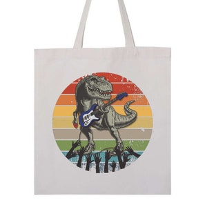 Dinosaur Tote Bag, Guitar Dino, Kids Tote Bag, Guitarist Bag, T Rex Bag, Birthday Tote, Music Tote Bag, Sublimated Design, 13&quot; x 10.25&quot;