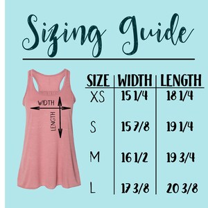 May include: Sizing guide for a tank top with measurements in inches. The chart shows the size, width, and length of the tank top in XS, S, M, and L sizes.