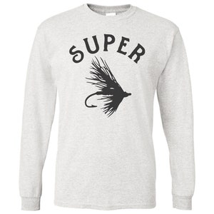 K&ouml;nnte beinhalten: Ein graues Langarmshirt mit einer schwarzen Silhouette einer Fliegenfisch-K&ouml;der und dem Wort "SUPER" dar&uuml;ber.