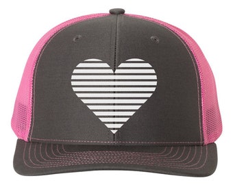 Heart Hat, Striped Heart, Trucker Hat, Heart Cap, Adjustable, Women's Trucker Hat, Kids Heart Hat, Heart Snapback, 10 Colors!, White Text