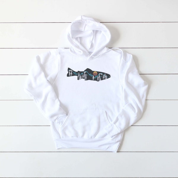 Fly Fishing Hoodie, Mountain Trout, Mountain Hoodie, Trout Fishing, Kids And Adult Sizes, Fishing Hoodie, Fishing Apparel, Unisex Fit