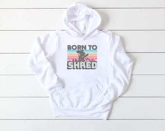 Felpa con cappuccio da snowboard, Born To Shred, Felpa con cappuccio da snowboard, Taglie per bambini e adulti, Design sublimato, Felpa con cappuccio da sci, Sport invernali, Camicia da snowboard