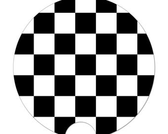 Bilunderlägg, Rutigt svartvitt, Söta biltillbehör, Retrobil. Underlägg, Mugghållarunderlägg, Schackrutiga presenter, Bilpresenter, Lastbilspresent