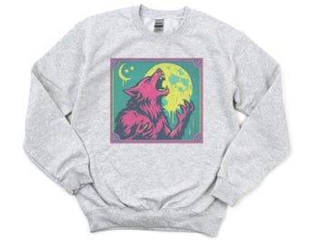 Retro Wolf 90s Sweatshirt , Nature Vintage Wildlife Forest Crewneck, Vintage Werewolf Crewneck Cozy Season Rustic Wolves Top
