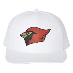 May include: White trucker hat with a red cardinal bird logo on the front.