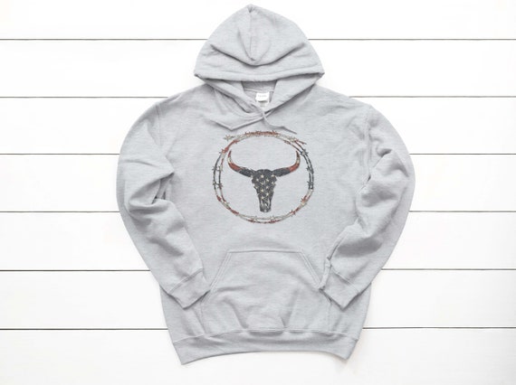 Skull Hoodie, Barbwire Skull, Patriotic Hoodie, Cow Skull, Western Hoodie, Boho Hoodie, Kid & Adult Sizes!, Sublimated Design, Cowboy Hoodie