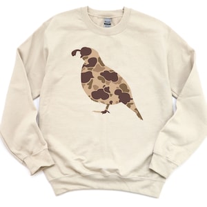 Quail Hunting Sweatshirt, Camo Quail, Upland Hunting, Quail Hunting Shirt, 20 Crew Neck Colors, Quail Apparel, Gift For Hunter