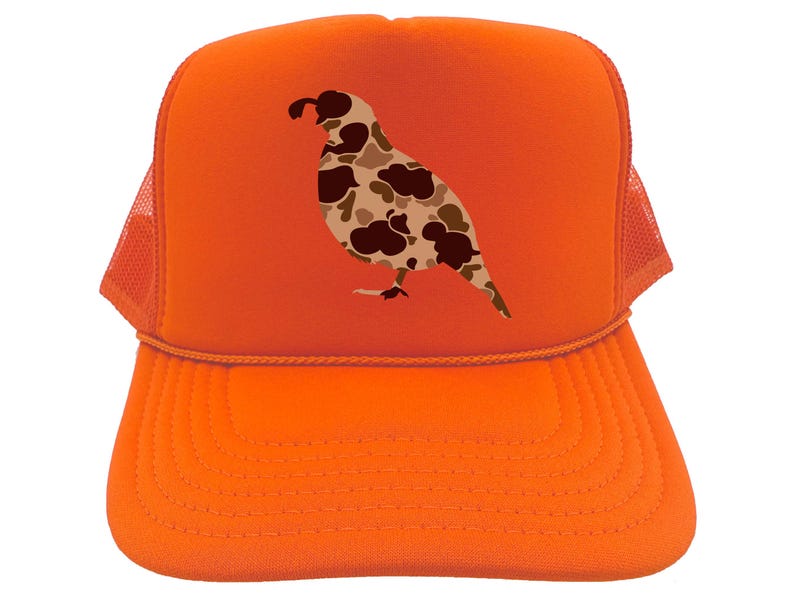 May include: Orange trucker hat with a camouflage quail design. The hat has a mesh back and a curved brim.