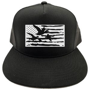 Duck Hunting Hat, Duck Flag, Hunting Hat, Waterfowl Hat, Duck Hunter, America Hat, Trucker Hat, Snapback, 10 Different Colors!, White Text