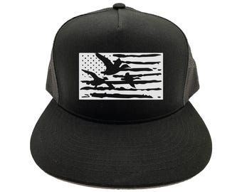 Duck Hunting Hat, Duck Flag, Hunting Hat, Waterfowl Hat, Duck Hunter, America Hat, Trucker Hat, Snapback, 10 Different Colors!, White Text