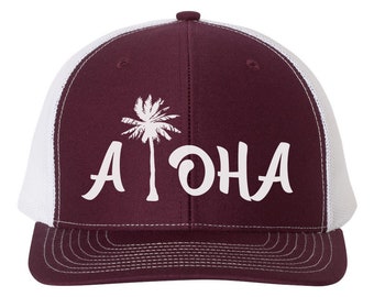 Aloha Hat, Aloha Palm Tree, Palm Tree Hat, Hawaiian Hat, Palmtree Snapback, Trucker Hat, Vacation Hat, 10 Different Colors, White Text