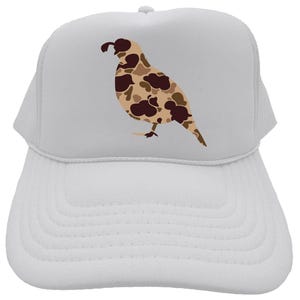 May include: White trucker hat with a camouflage quail silhouette on the front.
