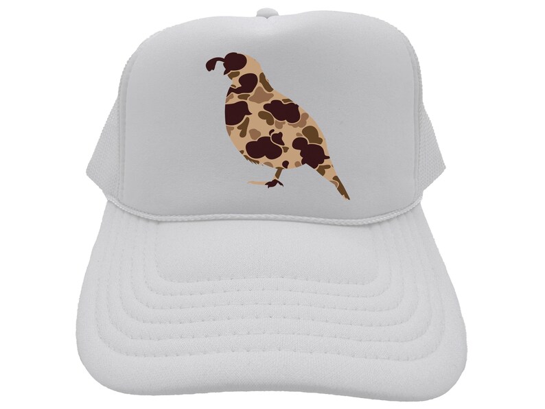 May include: White trucker hat with a camouflage quail silhouette on the front.