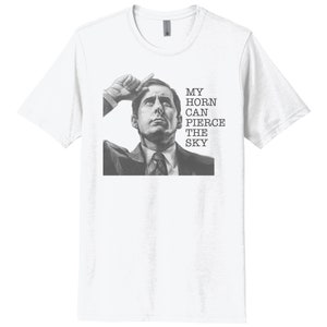 May include: A white t-shirt with a black and white image of a man with the text "MY HORN CAN PIERCE THE SKY" printed on it.