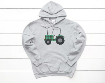 Tractor Hoodie, Plaid Tractor, Green Tractor, Farm Hoodie, Kid & Adult Sizes, Farming Hoodie, Country Hoodie, Unisex Fit, Sublimated Design