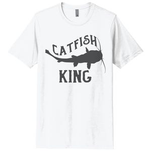 May include: White t-shirt with a black silhouette of a catfish and the text "CATFISH KING" printed on the front.
