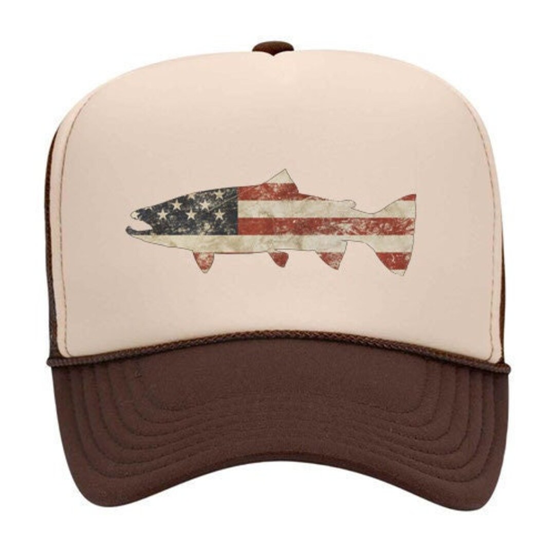 Fly Fishing Hat, American Trout, Patriotic Fishing Hat, Trout Fishing Hat,  Otto Hats, Adjustable Snapback, Mesh Caps, Fly Fishing Gift 