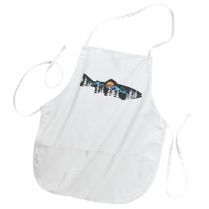 May include: White cotton apron with a black silhouette of a fish with a mountain range and sunset inside the fish. The apron has two long ties and a large pocket.