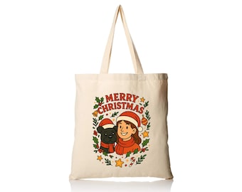 Person and Pet Tote Bag - Custom illustrated Christmas Character design Bg