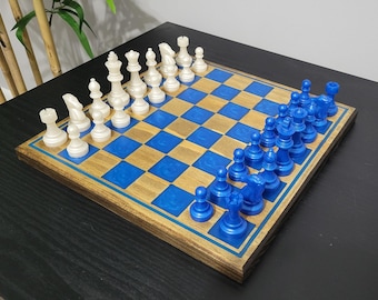 Wood and Epoxy Resin Chess Board with Pieces