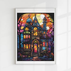 Peut inclure: Une illustration de style vitrail d'une maison colorée avec une grande porte d'entrée et une lune en arrière-plan.