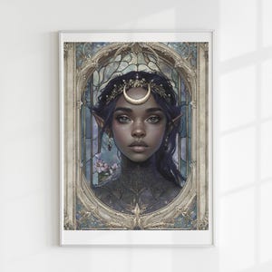 May include: Framed art print depicting a dark-skinned woman with pointed ears and a crescent moon crown. The artwork is set within an ornate, gold-toned frame with a stained-glass window effect. The image has a fantasy theme.