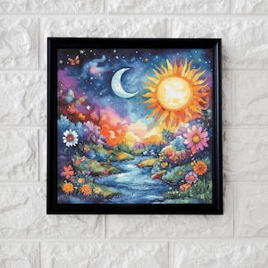 Può includere: Dipinto ad acquerello incorniciato raffigurante un paesaggio vibrante. L'opera presenta un sole, una luna, un fiume e fiori colorati. Sono visibili anche farfalle e stelle. Il dipinto è in una cornice nera e appeso a un muro di mattoni bianchi.