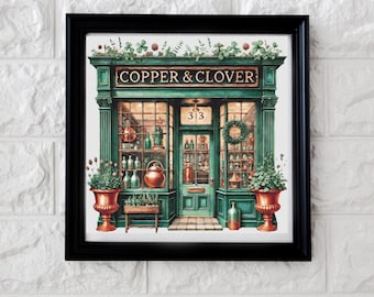 May include: A framed print of a storefront with a dark green facade and the text COPPER & CLOVER above the entrance. The shop features large glass windows displaying various bottles and a copper kettle, with potted plants on either side.