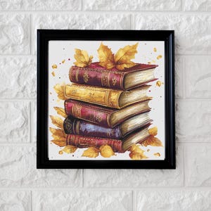 Könnte beinhalten: Ein Stapel von fünf Vintage-Büchern mit braunen, roten und blauen Einbänden, umgeben von Herbstblättern. Die Bücher sind in einem Stapel angeordnet, wobei das oberste Buch das größte und das unterste Buch das kleinste ist.