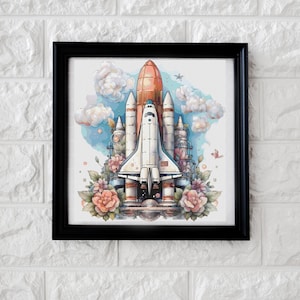 May include: A watercolor illustration of a space shuttle surrounded by flowers. The shuttle is white with a red and orange nose cone. The flowers are pink, purple, and blue.