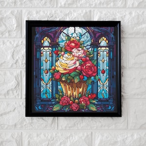 May include: A stained glass window design featuring a bouquet of red, white, and yellow roses in a cupcake-shaped vase. The design is framed in black and set against a dark blue background.