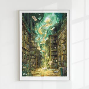 May include: A framed art print of a library interior. Bookshelves line the walls, filled with books. A glowing, ethereal light emanates from the center, with floating pages and a magical atmosphere. The color palette includes greens, golds, and browns.