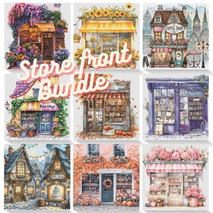 Puede incluir: Una colección de ilustraciones en acuarela de encantadoras fachadas de tiendas, incluyendo una cafetería, una librería y una floristería. Las imágenes presentan colores vibrantes, acentos florales y el texto "Store Front Bundle".