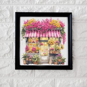 May include: A watercolour painting of a flower shop storefront with pink and yellow flowers hanging over the awning. The shop has a pink and white striped awning and a window display of flowers.