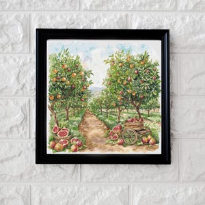 May include: A framed painting depicts an orchard scene with fruit trees laden with ripe fruit. A dirt path leads through the orchard, with a wooden cart filled with fruit. The painting is set in a black frame.