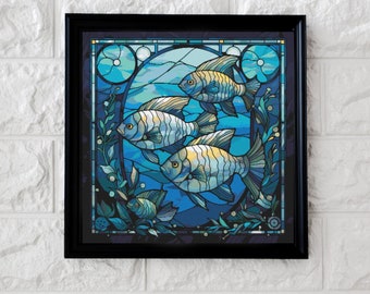 青い魚のステンドグラスのクロスステッチパターンの完全なPDF - Etsy 日本
