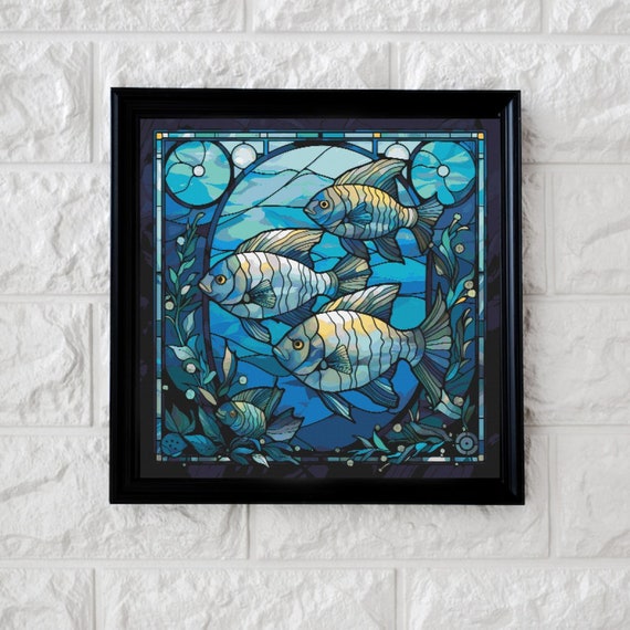 青い魚のステンドグラスのクロスステッチパターンの完全なPDF - Etsy 日本