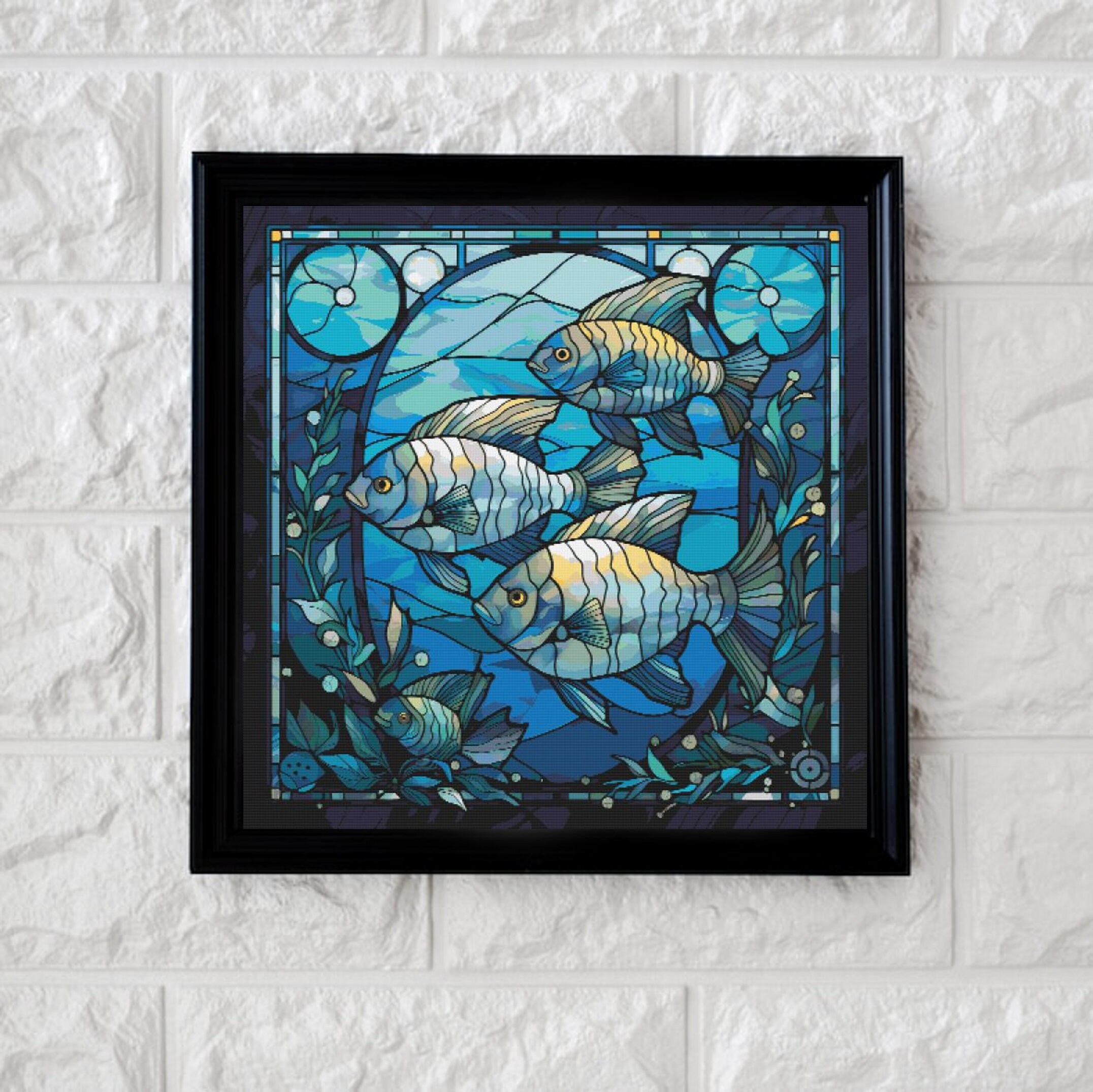 ステンドグラスパネルお魚ワールド 青い魚のステンドグラスのクロスステッチパターンの完全なPDF - Etsy 日本